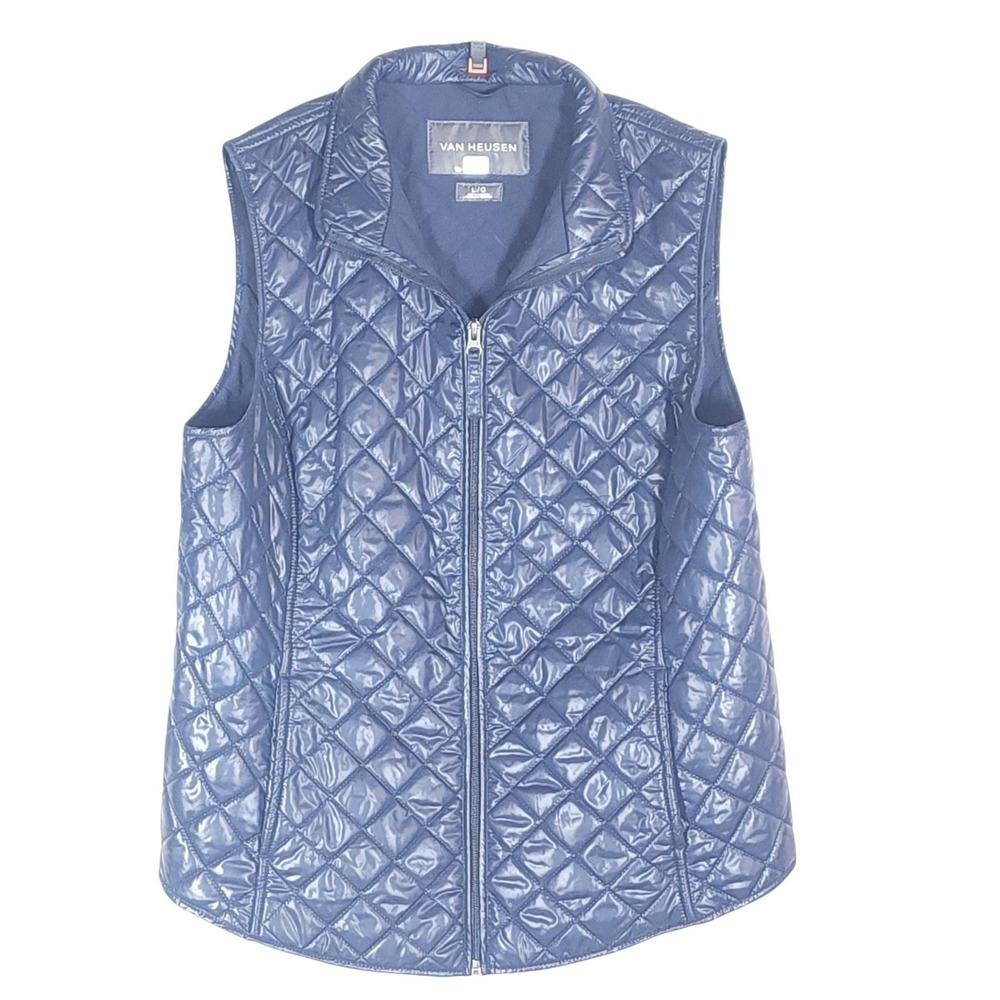 Van Heusen Vest Womens Large Blue Quilted Full Zip Lined Pockets